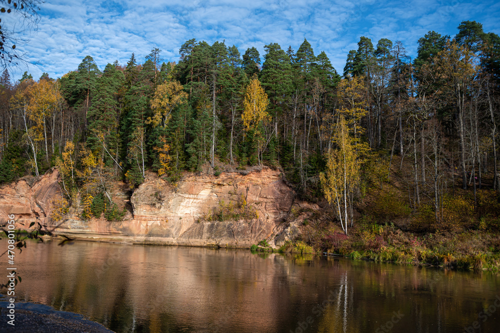 Devils rock and cave by the shores of the River Gauja, Sigulda, Latvia