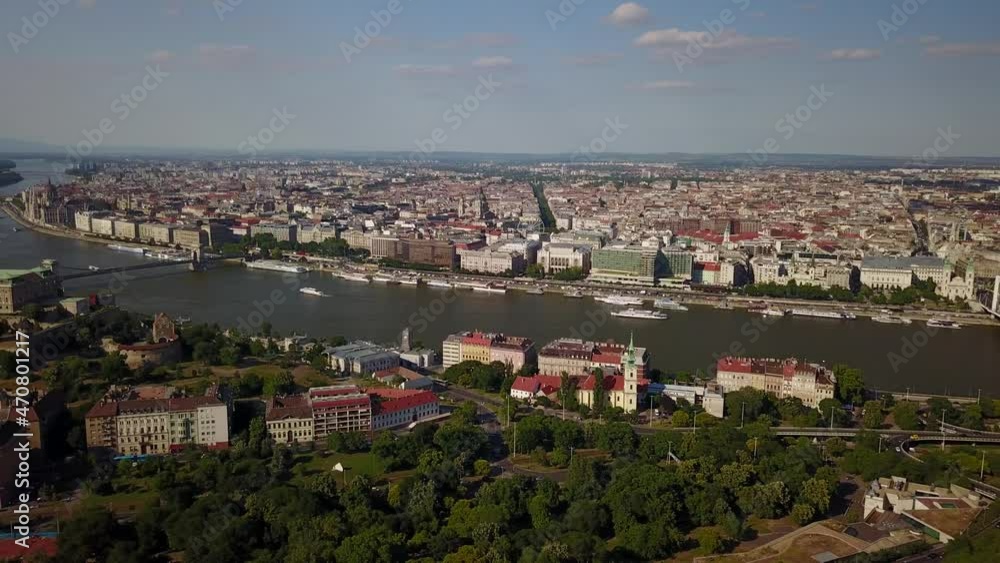 Cinematic 4K aerial drone pan shot of Castle Hill, Buda Castle, with the Danube river, bridges, Chain Bridge, Margaret Island, Margaret Bridge in Budapest, Hungary Cinematic 4K aerial drone pan shot of Castle Hill, Buda Castle, with the Danube river, bridges, Chain Bridge, Margaret Island, Margaret Bridge in Budapest, Hungary