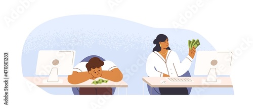 Salary gap and difference in money earnings concept. Office workers with different income levels. Inequality in payment for work. Low and high wages. Flat vector illustration isolated on white