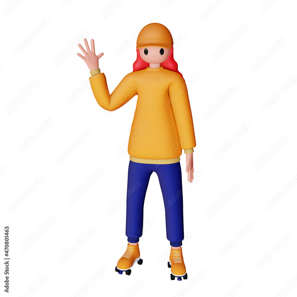 3d female character playing roller skates greets