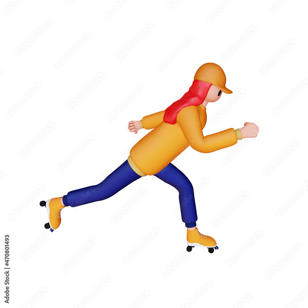 3d excited female character rollerboarding 3d excited female character rollerboarding