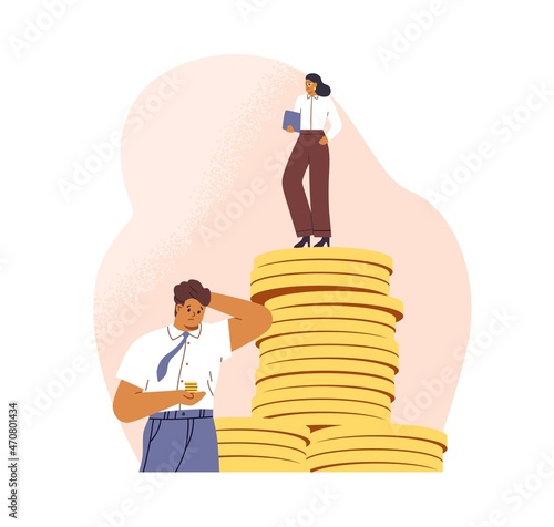 Salary gap concept. Inequality of money incomes between rich wealthy woman and poor man. Comparison of different financial levels of employees. Flat vector illustration isolated on white background