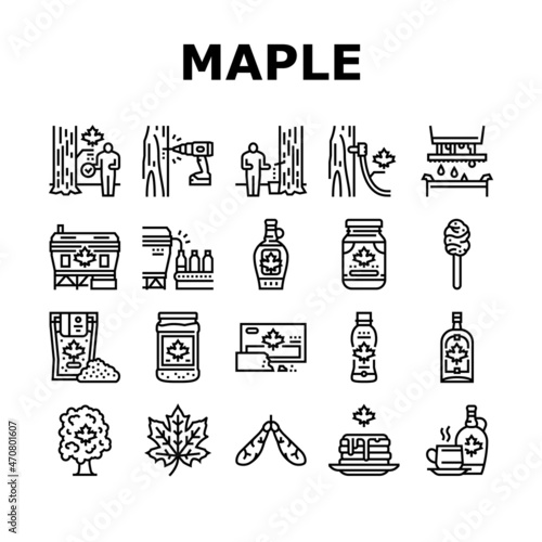 Maple Syrup Delicious Liquid Icons Set Vector. Sap For Collection, Equipment For Filtration And Bottling On Factory Conveyor Line. Tasty Sweet Ingredient For Pancake Black Contour Illustrations