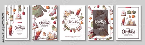 Set of flyers or cards for Merry Christmas and New Year. Cozy winter, home comfort, holidays concept. Vector illustration for poster, banner, card, flyer, cover, advertising.