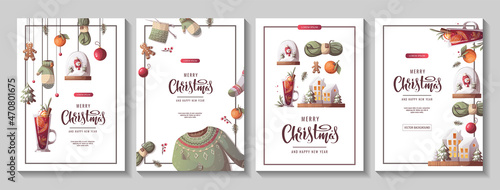 Set of flyers or cards for Merry Christmas and New Year. Cozy winter, home comfort, holidays concept. Vector illustration for poster, banner, card, flyer, cover, advertising.