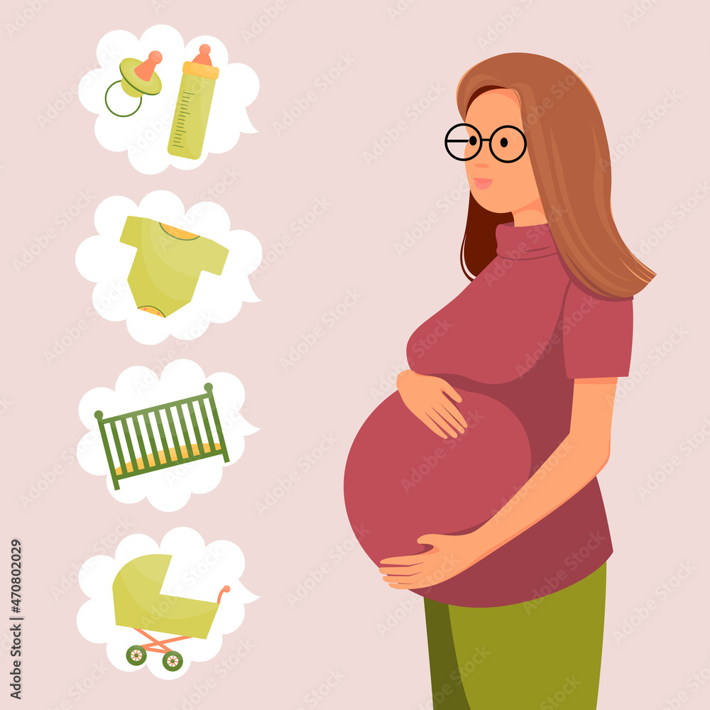 Pregnant woman shopping. Things for a newborn. Vector illustration. Pregnant woman shopping. Things for a newborn. Vector illustration.