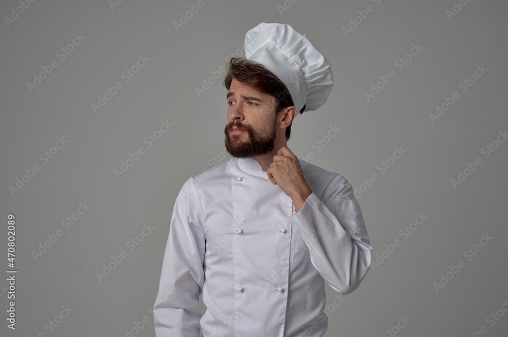 bearded man Chef uniform Cooking emotions gourmet light background bearded man Chef uniform Cooking emotions gourmet light background