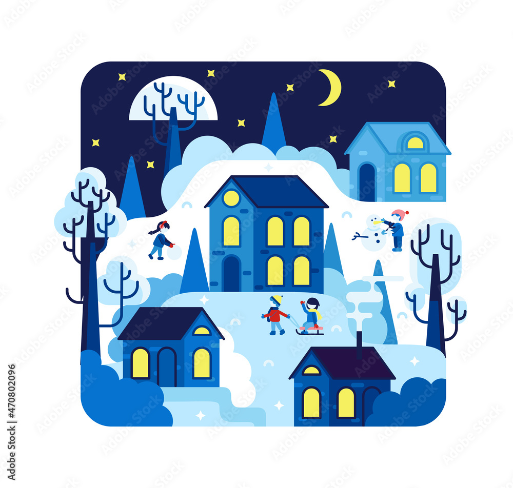 Winter night illustration with children playing winter games, sledding and making a snowman. Vector flat cartoon illustration