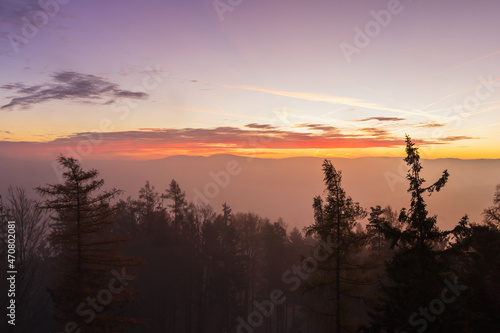 Autumn czech landscape with misty fog and trees silhouette before morning sunrise. View from watchtower in village Hradiste