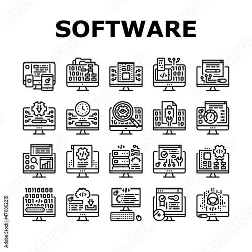 Software Program Development Icons Set Vector. Freeware Download And Upload For Sharing, Programming Code And Script, Hacked And License Software Black Contour Illustrations