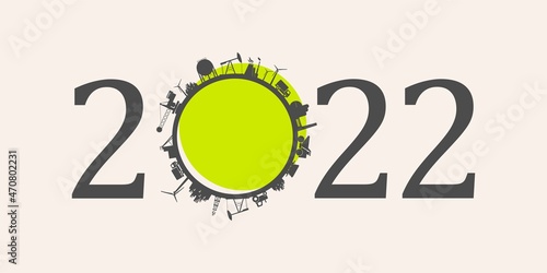 2022 year number with industrial icons around zero digit.