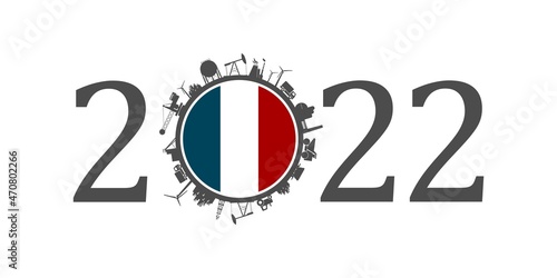 2022 year number with industrial icons around zero digit. Flag of France.