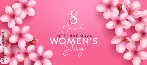 Women's day vector design. International womens day text in copy space with pink flowers decoration element for march 8 celebration greeting messages. Vector illustration. 