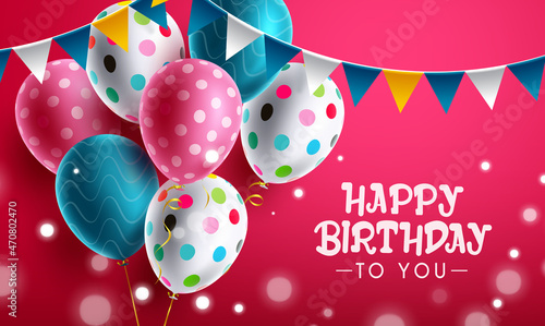 Birthday party vector background design. Happy birthday to you greeting text with celebration elements like balloons and pennants for fun birth day decoration. Vector illustration.

