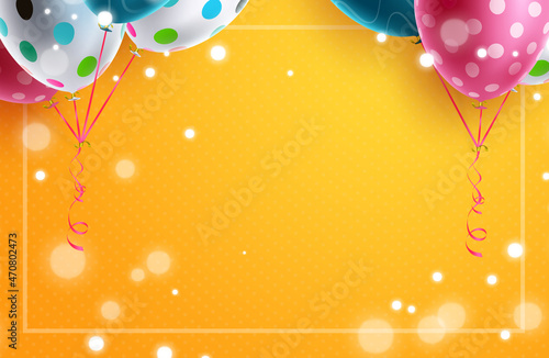 Birthday messages vector template design. Colorful balloons with pattern floating in yellow space background for birth day and events editable celebration greeting card. Vector illustration.

