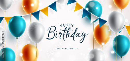 Birthday party vector background design. Happy birthday greeting text with celebration elements like balloons and pennants for celebrating birth day decoration. Vector illustration.
