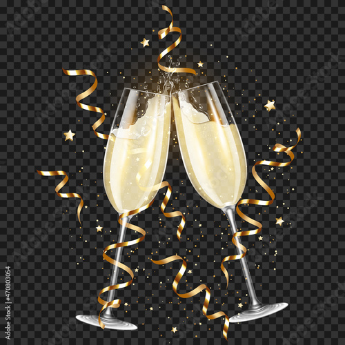 Transparent realistic two glasses of champagne with ribbons and confetti, for dark background, isolated.