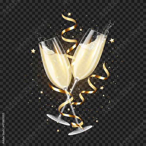 Transparent realistic two glasses of champagne with ribbons and confetti, for dark background, isolated.