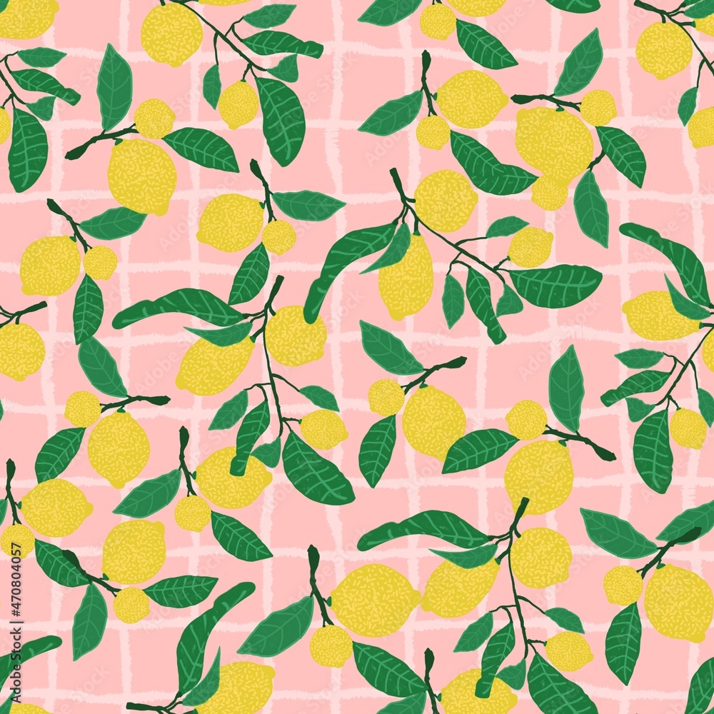 Hand Drawn Lemons Geometrical Plaid Background Seamless Pattern Trendy Fashion Colors Allover Print Design Hand Drawn Lemons Geometrical Plaid Background Seamless Pattern Trendy Fashion Colors Allover Print Design