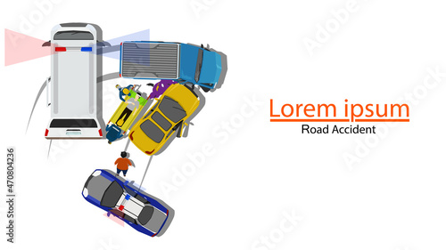 Sedan car crashes into a pickup truck. Ambulances and first aid units came to help the injured from the accident. Police cars block the road for safety. on isolated white background with free text.