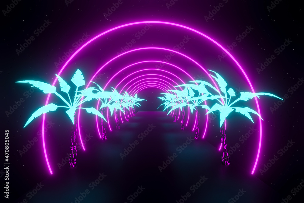 3d rendering. Neon party 80s retro wave seamless loop background abstract. Cyberpunk city of the 1980s style. Tunnel light.