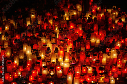 Candles in the cemetery. 1st November. Feast of All Saints. Hallowmas. All Souls' Day.
