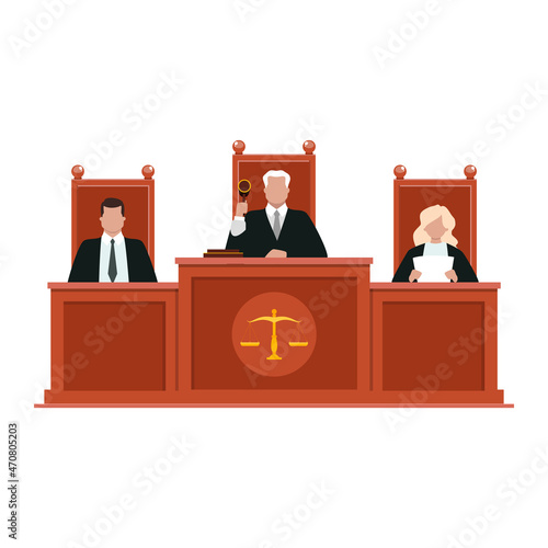 Courtroom interior with judges. Flat illustration of three judges sitting at a table. Jurisprudence and law concept. Vector 10 EPS.
