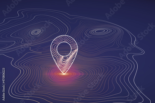 Abstract glowing map geoposition with marker on dark blue background. Travel and direction concept. 3D Rendering. photo