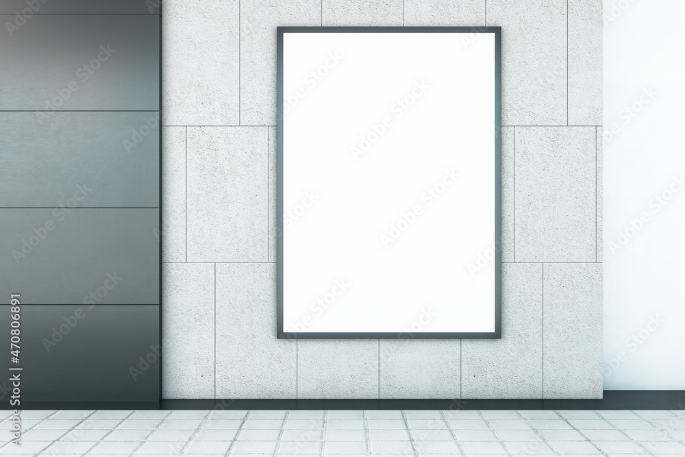 Abstract interior with empty white mock up poster on concrete tile wall and floor. Exhibition concept. 3D Rendering. Abstract interior with empty white mock up poster on concrete tile wall and floor. Exhibition concept. 3D Rendering.