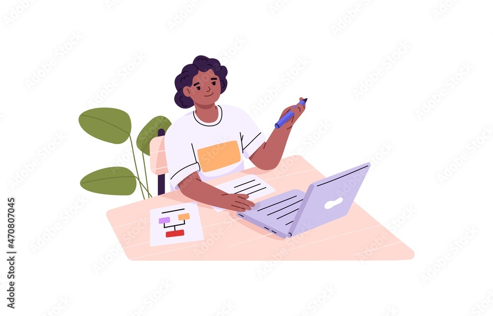 School child studying online with laptop computer at desk. Modern schoolkid do homework using internet. Remote education concept. Flat vector illustration of kid learning isolated on white background School child studying online with laptop computer at desk. Modern schoolkid do homework using internet. Remote education concept. Flat vector illustration of kid learning isolated on white background