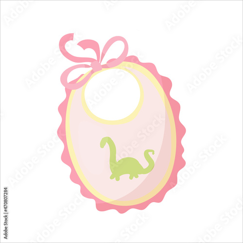 Children's clothing in a cartoon style. Bib with a dinosaur for a small child. Vectone illustration isolated on white background.