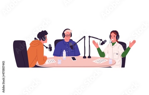 Record and broadcast of podcast in studio. People talking at table, recording radio show with audio equipment, headsets and microphones. Flat graphic vector illustration isolated on white background