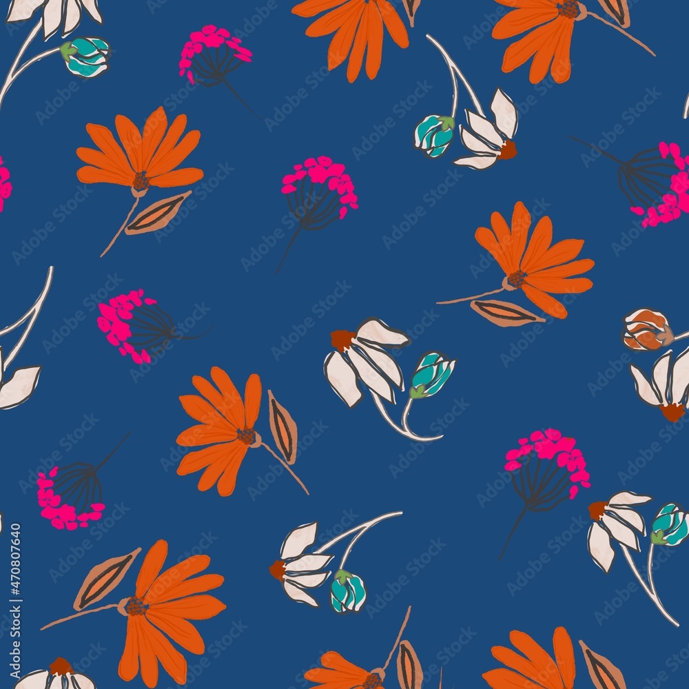 Colorful Abstract Hand Drawn Flowers Seamless Pattern Trendy Fashion Colors Perfect for Allover Fabric Or Wrapping Paper