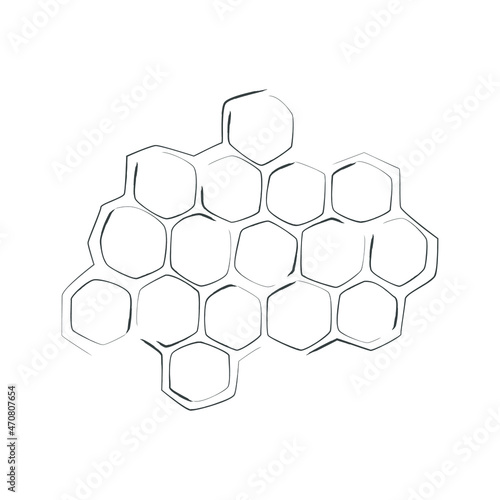 Honeycomb propolis doodle. Cell structure. Hand drawn honey and bee. Natural organic. Stock vector black and white illustration on a white background.