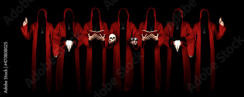 Slika na platnu Mystery people in a red hooded cloaks in the dark
