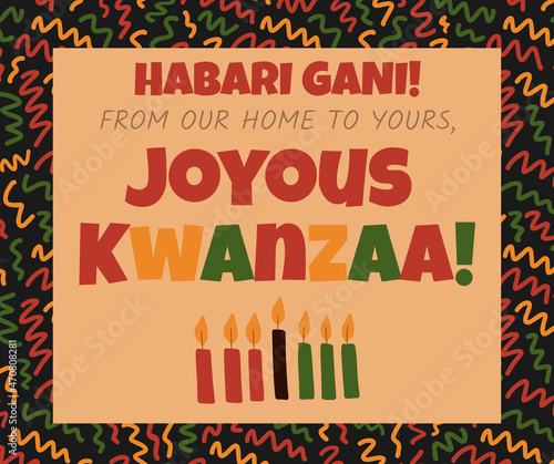 Greeting card for social media post wising Joyous Kwanzaa - African American heritage holiday in USA with traditional seven candles Mishumaa Saba and pattern African colors - red, yellow, green photo