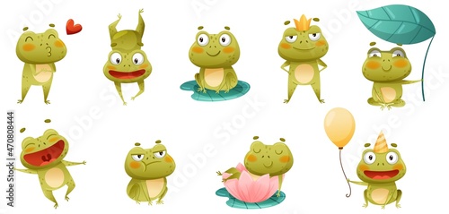 Cute funny frogs set. Green toads cartoon characters having fun in pond vector illustration