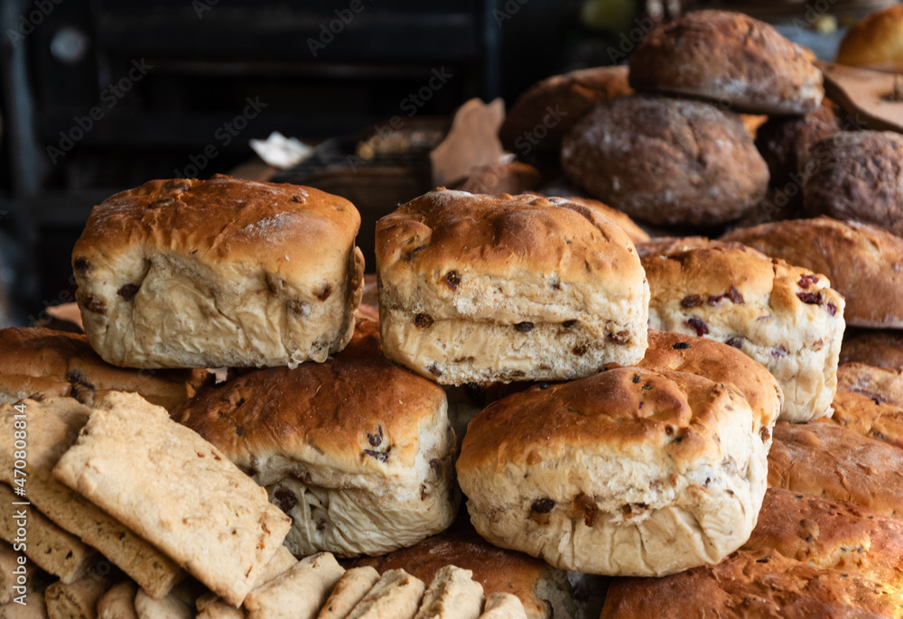 Bakery stall at medieval festival in France. Traditional rustic bread ...
