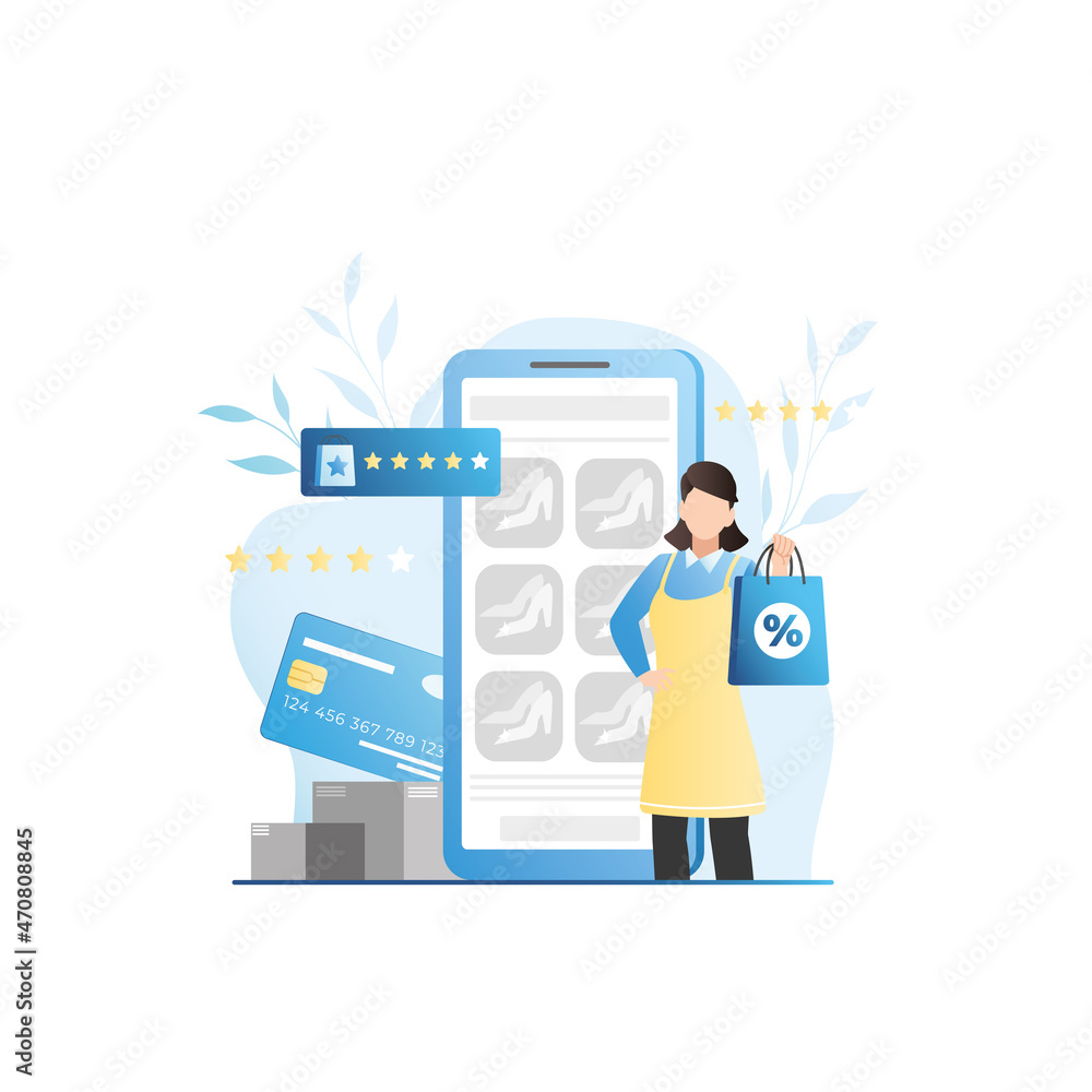 Woman-seller in apron, in overalls, sells goods in paper bags for promotion, discount. Sale in online store, in application on smartphone. Rating, purchase recommendations, reviews. Woman-seller in apron, in overalls, sells goods in paper bags for promotion, discount. Sale in online store, in application on smartphone. Rating, purchase recommendations, reviews.
