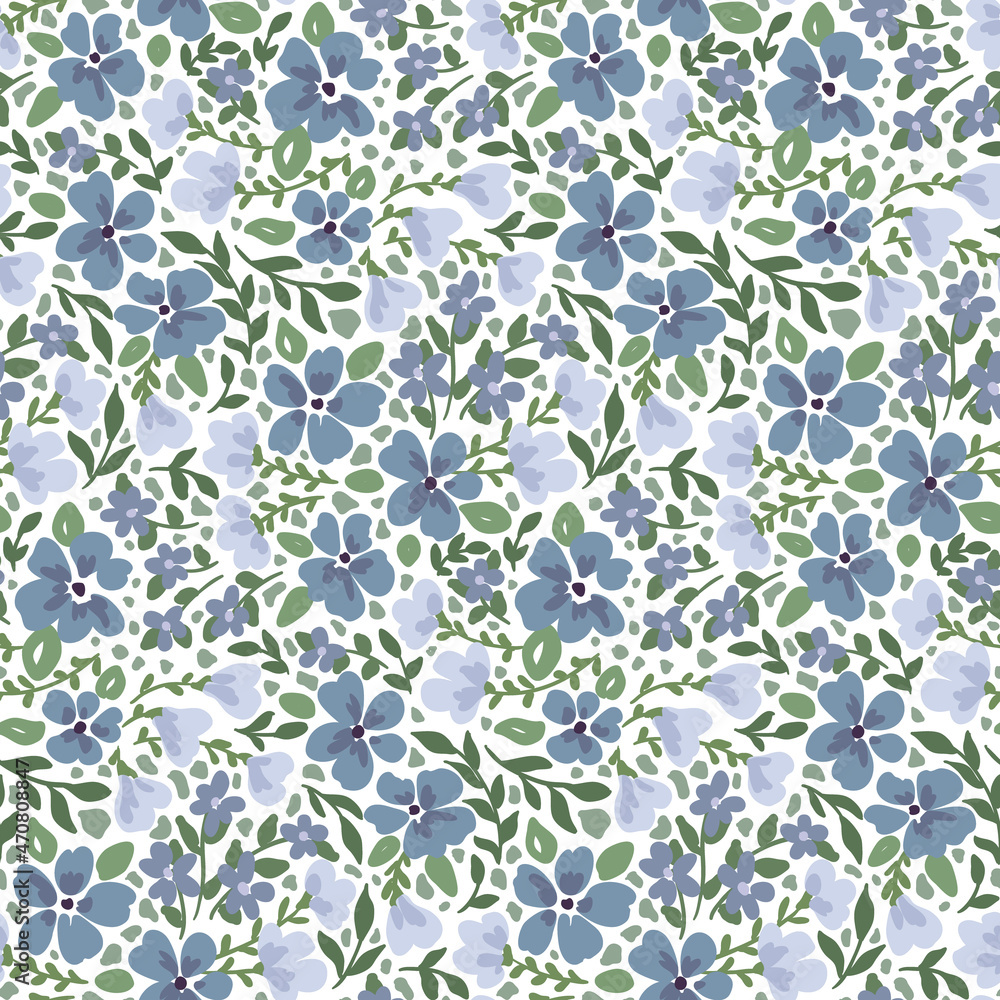 Seamless pattern with small blue flowers on a white background. Artistic floral pattern with small hand drawn flowers and leaves. Contemporary flower cover design. Vector illustration.