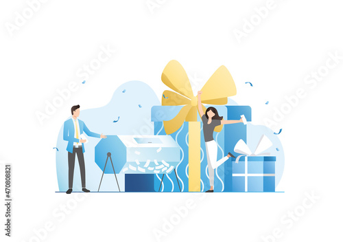 Winning gift with bow in lottery, casino jackpot. Happy woman jumping into confetti for joy, good luck, pulled out lucky ticket from lottery drum. Practical joke of surprise. Man is spinning drum.