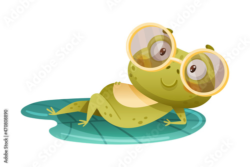 Cute funny frog lying on lotus leaf. Green adorable toad cartoon character wearing glasses relaxing in pond vector illustration
