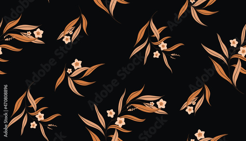 Seamless pattern with brown floral twigs on a dark background. Autumn floral pattern with old fashioned design. Arrangement of falling twigs with small flowers and long leaves. Vector.