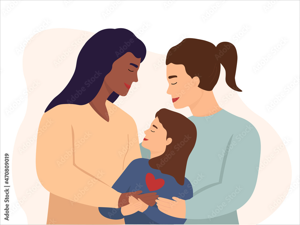 A happy family look at each other with love. A couple of lesbians became parents of a daughter. The concept of tolerance, equality of homosexual relations. Vector graphics. A happy family look at each other with love. A couple of lesbians became parents of a daughter. The concept of tolerance, equality of homosexual relations. Vector graphics.