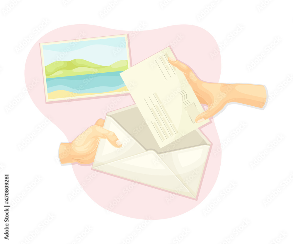 Hands making gift card. Top view of creative work process, hobby and craft concept vector illustration Hands making gift card. Top view of creative work process, hobby and craft concept vector illustration