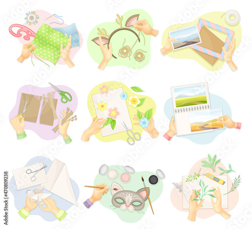 Top view of hands creating handmade crafts set. Creative work process, hobby and craft. Person sewing, knitting, painting, making applique concept vector illustration