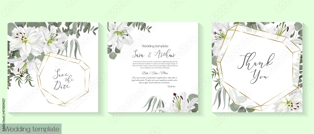 Vector floral template for wedding invitation. White royal lilies, eucalyptus, green plants and leaves. Vector floral template for wedding invitation. White royal lilies, eucalyptus, green plants and leaves.