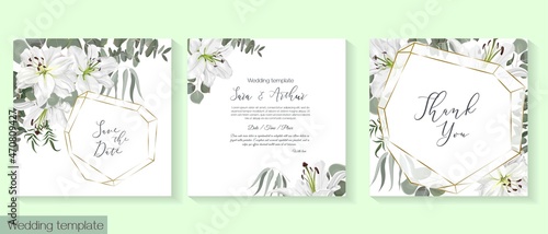 Vector floral template for wedding invitation. White royal lilies, eucalyptus, green plants and leaves. © Alena