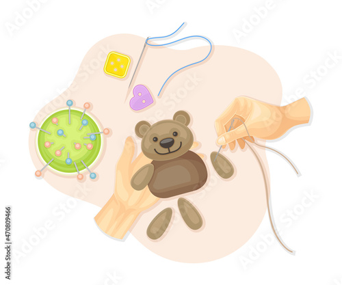 Hands sewing handmade childish toy. Top view of creative work process, hobby and craft concept vector illustratio