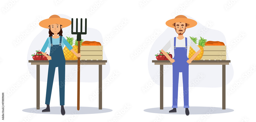 agriculture concept,farmer market, Set of farmer is standing in front of their product.Flat vector 2D cartoon character illustration.